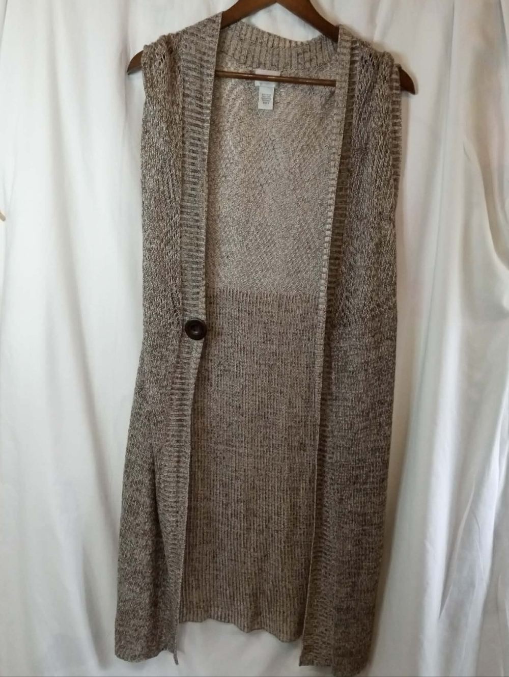 Chico's XL Long Sleeveless Taupe Marled Knit Cardigan Button Size 3 Tan Office